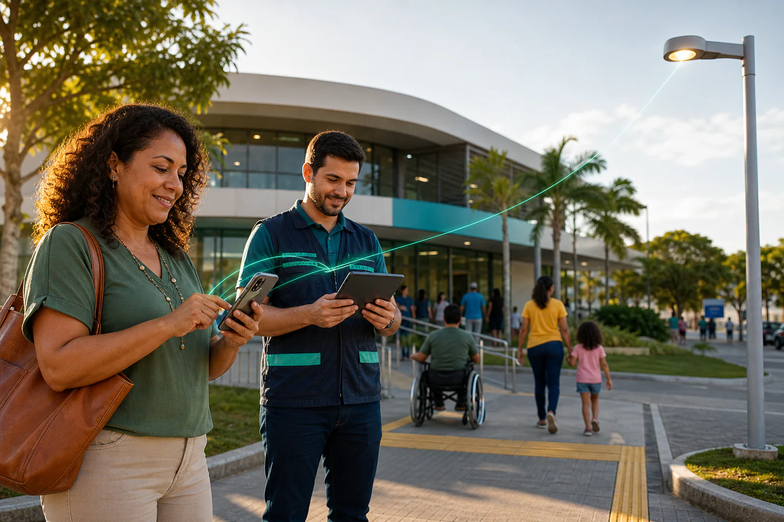 Cidadã e profissional público usando canais digitais diante de um centro de atendimento acessível