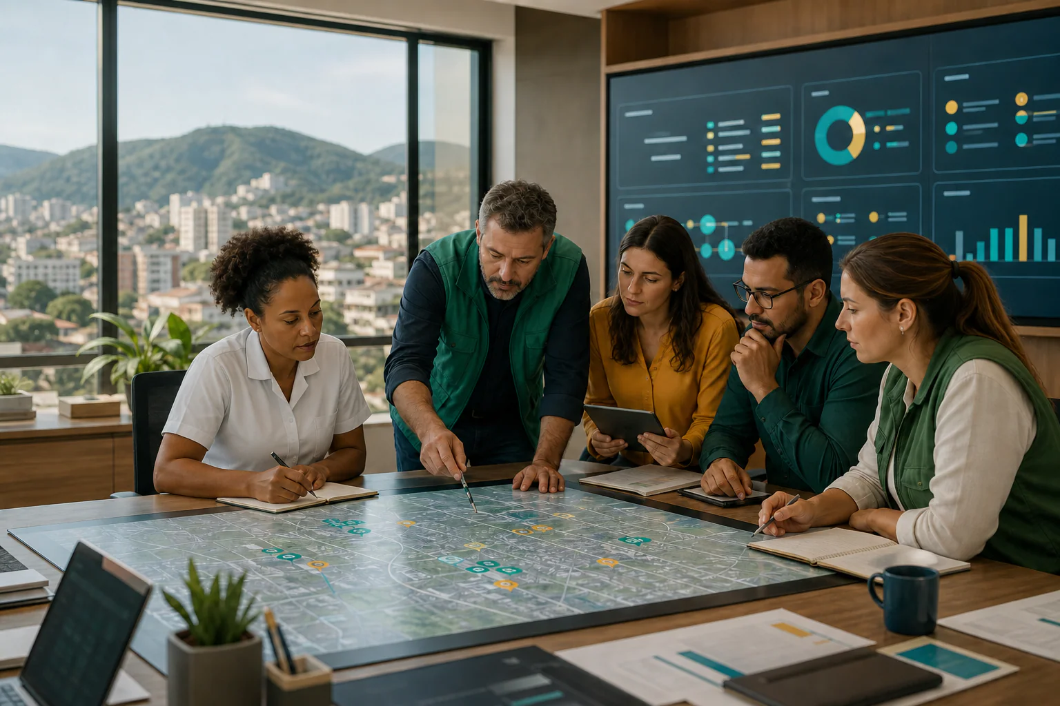 Equipe pública multidisciplinar tomando decisões com mapa e dados operacionais integrados