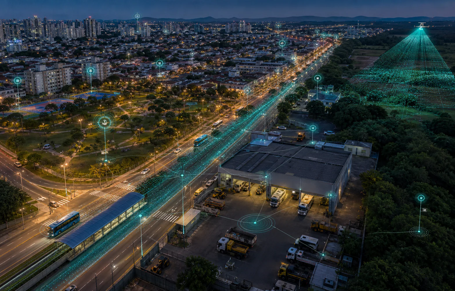 Vista aérea de uma cidade conectando iluminação, mobilidade, frota, sensores e mapeamento